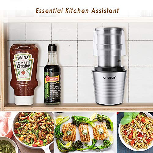 CHULUX Electric Stainless Steel Coffee Spice Grinder,70g Capacity Detachable Grinding and Chopping Cups with Built-in SS304 Blades for Dry/Moist Food,Plus a Cleaning Brush