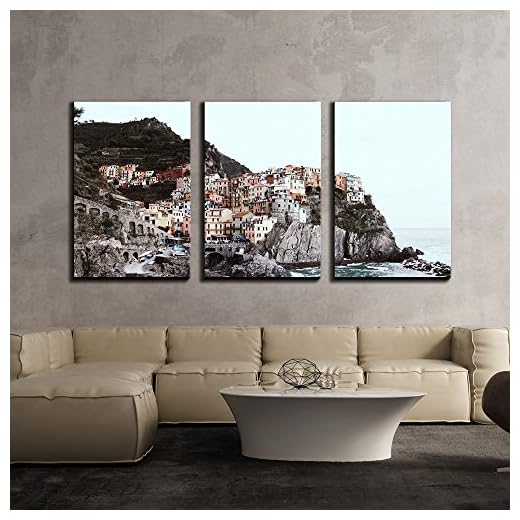 wall26 - 3 Piece Canvas Wall Art - Beautiful Landscape/Scenery of Panorama View Over a Cinque Terre Village - Modern Home Decor Stretched and Framed Ready to Hang - 24"x36"x3 Panels