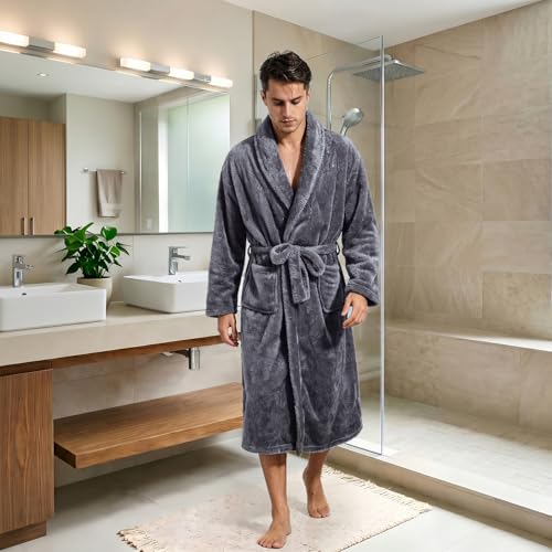Image of Inner Wish Mens Plush Fleece Robe, Highly Absorbent Cozy Warm Bathrobe Fuzzy Male Spa Long Robe With Pockets