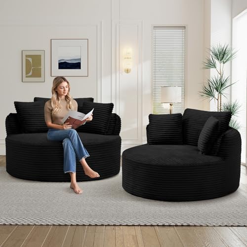 Image of Antetek 53.5-inch Round Chair, Modern Accent Corduroy Comfy Deep Seat Boneless Foam Floor Single Circle Chaise Sofa Chair with 3 Pillows for Living Room Bedroom Office, No Assembly Required, Black