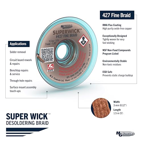 Image of MG Chemicals 427 Desoldering Braid #5 Fine Braid Super Wick with RMA Flux, 5' Length x 0.125 inch Width, Brown