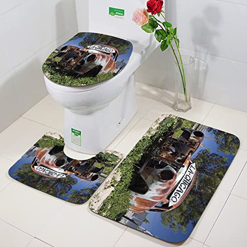 Rutschfeste Badematten 3 teiliges Set,Altes Auto ations Altes Auto Bäume Grün in der berühmten Route 66 Straße in,Hohe Wasseraufnahme, weiche Mikrofaser, WC-Vorleger, WC-Sockelmatte, maschinenwaschbar