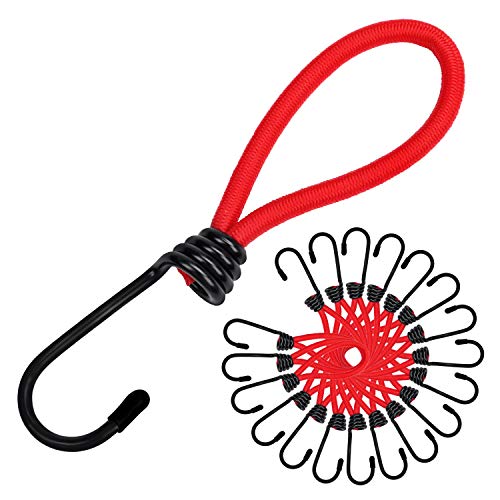 Belle Vous Cordel Rojo Elástico Expansor Bungee Pulpo Elástico Ganchos de Metal (Pack de 20) Gomas para Baca 15 cm Bucle Resistente para Lona, Acampar y Tiendas, Toldos - Tensores Lona
