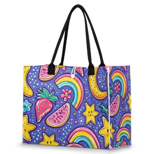 Cartoon Colorful Rainbow Tote Bag for Women Large Beach Bag Reusable Tote Bags for Work Travel Beach Shopping