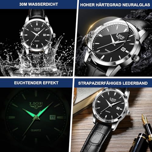 LIGE Herren Uhren Wasserdicht Quarz Armbanduhren Für Herren Männer Uhr Mit Datum Lederarmband Retro Business Men's Watches – Bild 4