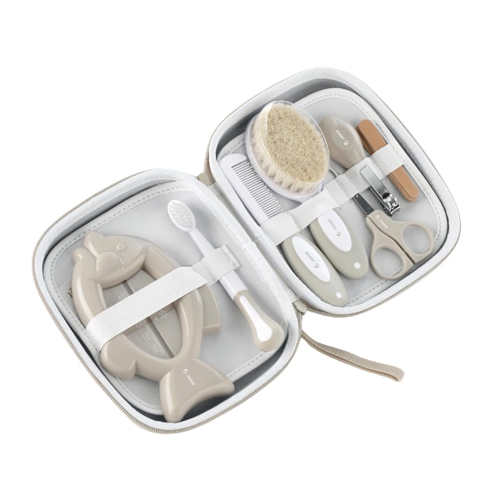 Jané Set de Higiene con Neceser, Peine, Cepillo Cerdas Naturales, Tijeras, Cortauñas, Limas, Cepillo Dental y Termómetro, Beige