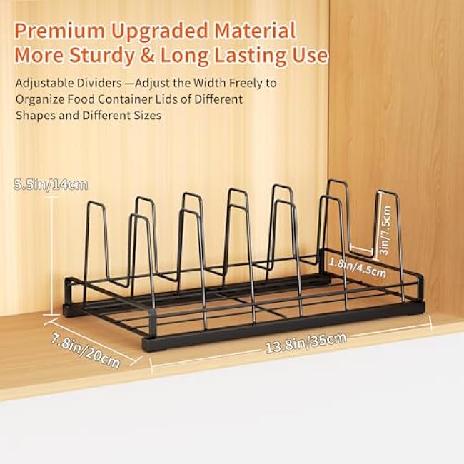 Food Container Lid Organizer for Cabinet, 6 Adjustable Dividers Metal Pot Lid Organizer, Pots and Pans Organizer Under Cabinet Storage Plastic Lids Pots Cookie Sheets for Cabinets, Cupboards, Drawers