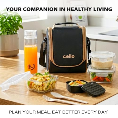 Image of CELLO All In One Glass Lunch Box with Bag for Office Use, Black | 2 x 320ml Square, 1 x 240ml Round, 130ml Plastic Containers, Spoon & Fork with 550ml Glass Bottle Leak Proof Tiffin Box Set for Travel