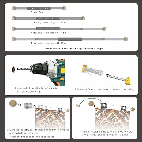 Image of Quilt Hanging Rod 32-76 inch Heavy Duty Telescopic Wall Tapestry Hanger Pole