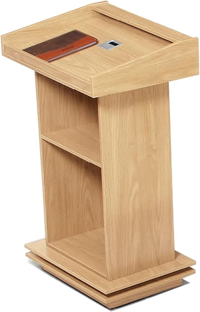 Wooden Podium with Threading Hole Design Simple Presentation Lectern Stand Classic Host Reception Desk with Storage for Restaurant Wedding Church School