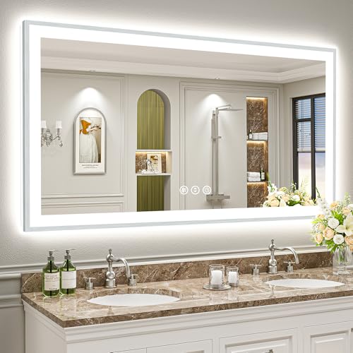 Image of 66x36 Brushed Nickel LED Bathroom Mirror with Lights, Backlit & Front-Lit, Anti-Fog, Framed Lighted Vanity Mirrors for Bathroom Wall, Dimmable, 3 Colors, Memory, Shatter-Proof, Tempered Glass