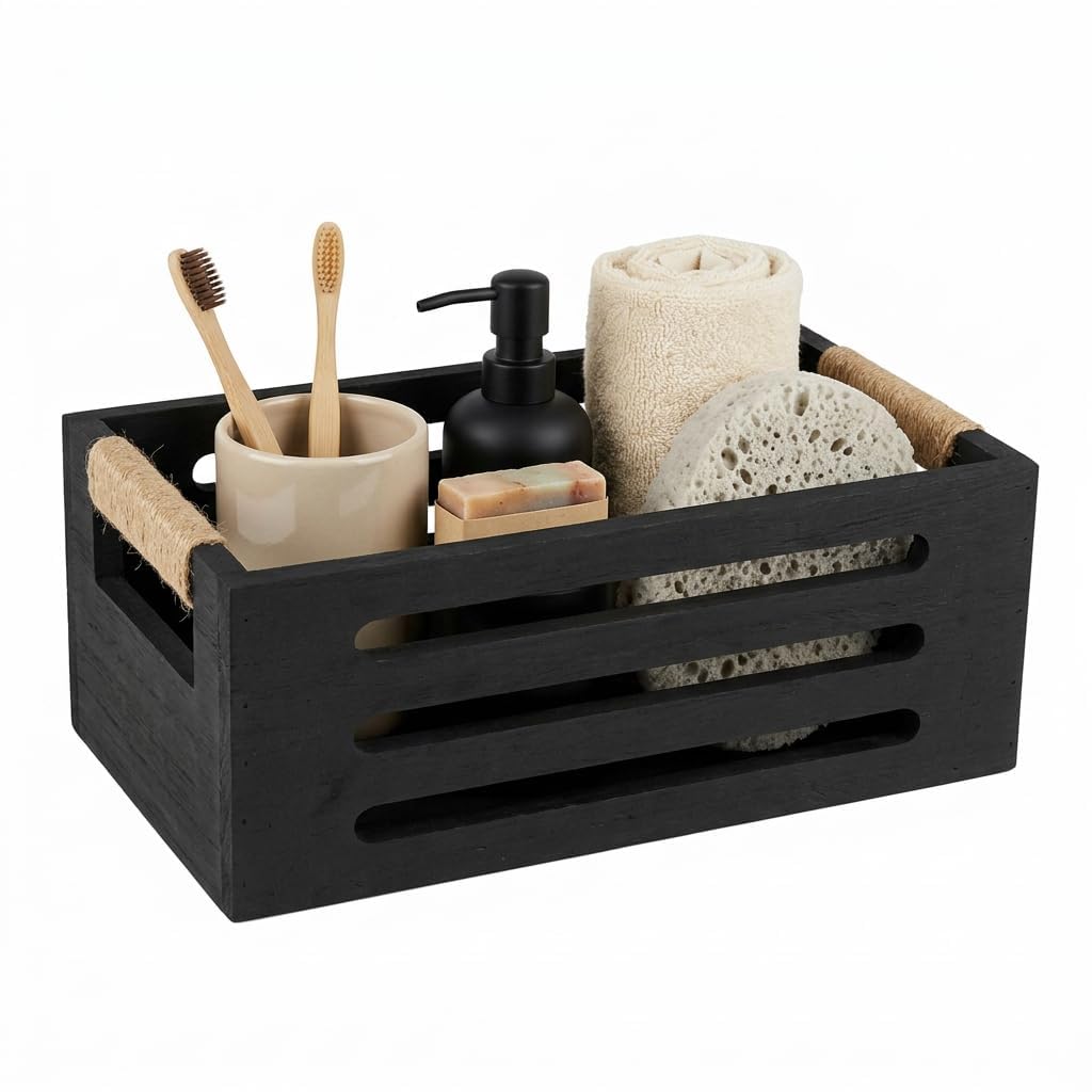 Punorric Black Toilet Roll Basket - Solid Wood Toilet Roll Storage, Wooden Bathroom Accessories with Handle, Multi-Use Bathroom Storage Baskets for Home & Office