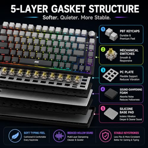 Image of AOC GK330 Gaming Keyboard, Hot Swappable Wireless Mechanical Keyboard Support BT /2.4GHz /USB-C, RGB Backlit, Pre-lubed Reaper Switches, Anti-ghosting, 75% Gasket Custom Keyboard with Five-Layer Padding
