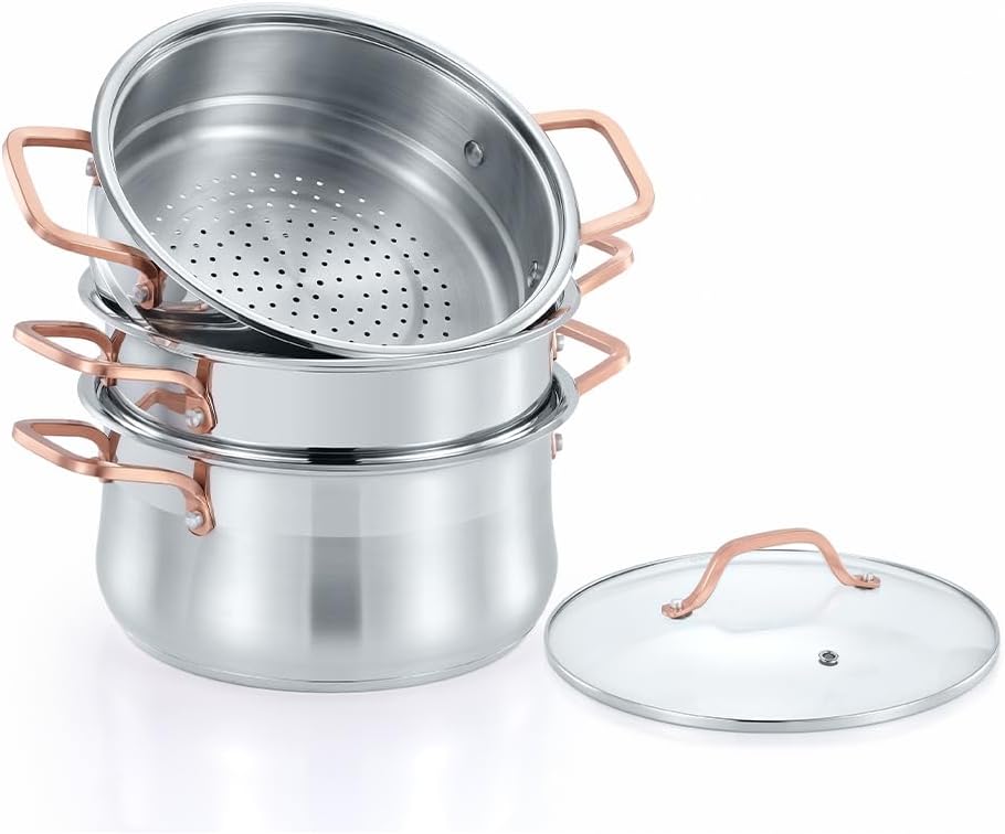 CONCORD Premium Stainless Steel 2 Tier Steamer w/Rose Gold Handles 22 cm