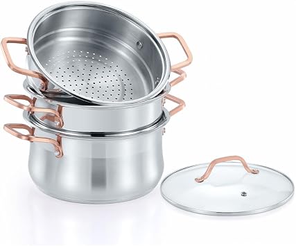 CONCORD Premium Stainless Steel 3 Tier Steamer w/Rose Gold Handles 26 cm