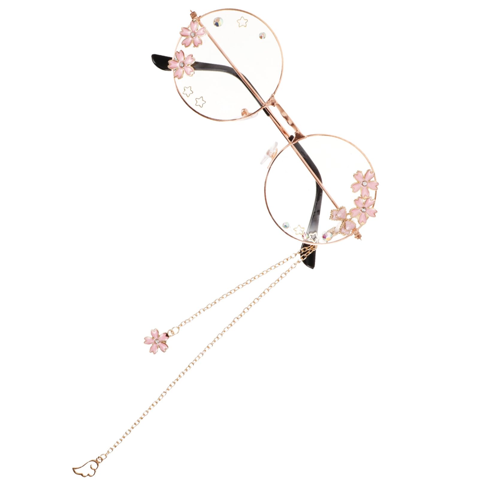PACKOVE Kawaii Eyeglasses with Chain Cute Cosplay Glasses for Women and Teen Stylish Lolita Accessory for Parties and Events Unique Design with Cherry Blossom Wings