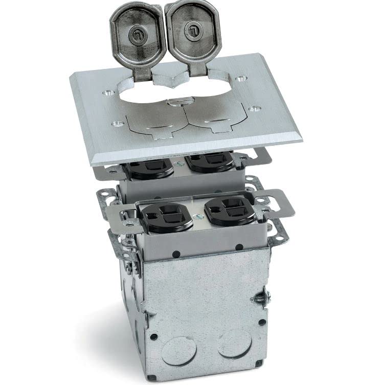 Lew Electric SWB Floor Box, Recessed with Outlets and Data Ports (Flip Lid - 2 Outlets + 4 Data Ports, Aluminum)