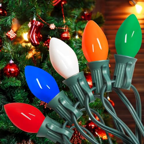 Image of C7 Vintage Christmas Lights Outdoor Multicolor Tree String, 25FT Colorful Indoor Hanging Decorations for House Garden Patio Party (Green Wire)
