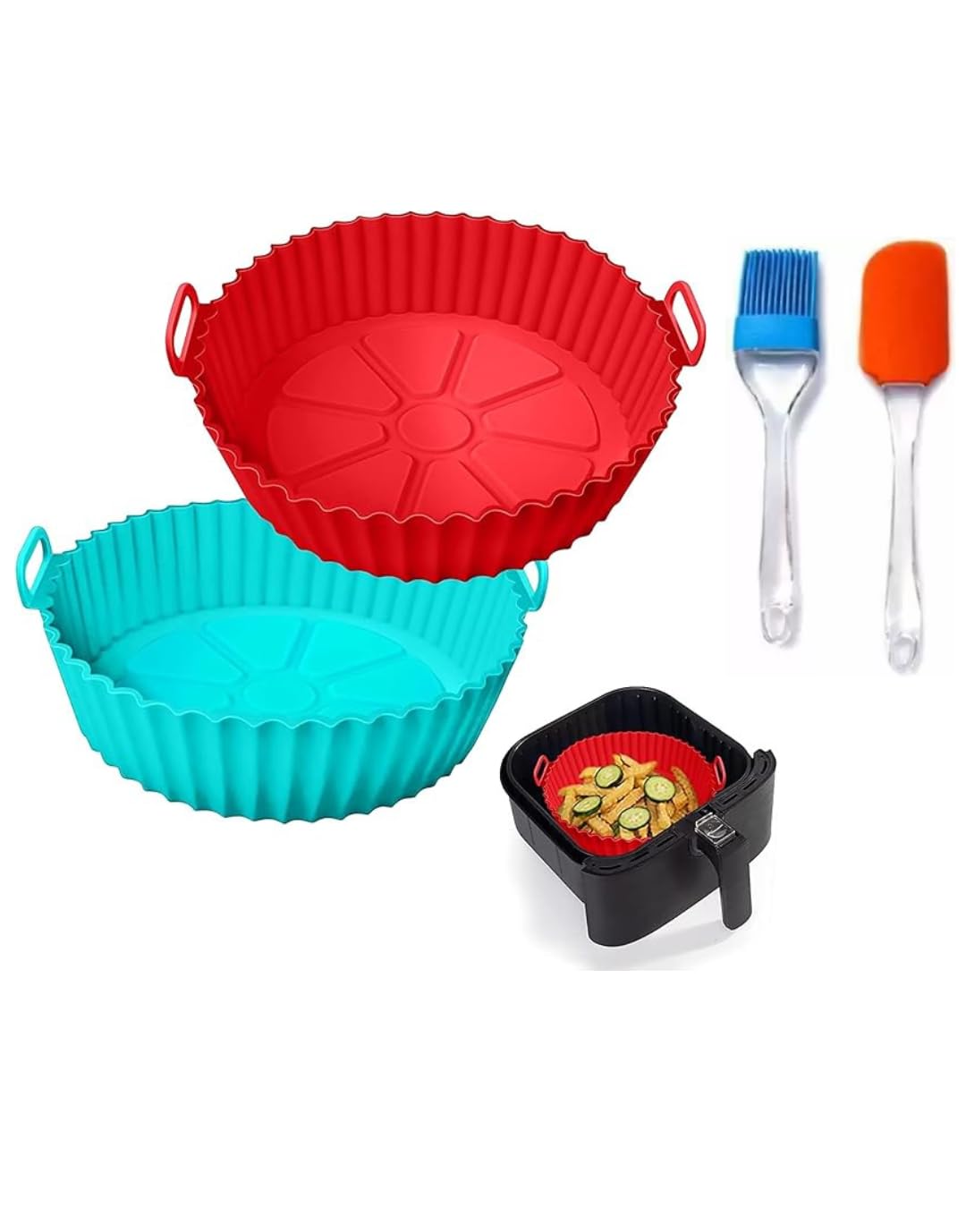 Air Fryer Red and Blue Round Silicone Basket with Ear Handles | 8in Nonstick, Reusable, Heat Resistant, Blue with Oil Brush and Spatula-image-40