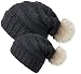 Chalier 2 Pack Winter Warm Knit Baggy Slouchy Pom Pom Beanie Hat for Mom & Baby,2 Pack (Black),L & S