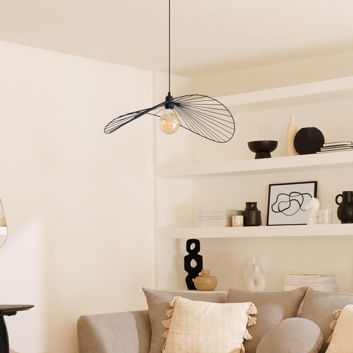 Atmosphera Créateur d'Intérieur - Suspension Adelia Métal et Coton Blanc D58cm - Ampoule Non Incluse 40 W - Câble Réglable 80 cm - Salon, Cuisine, Bureau, Chambre