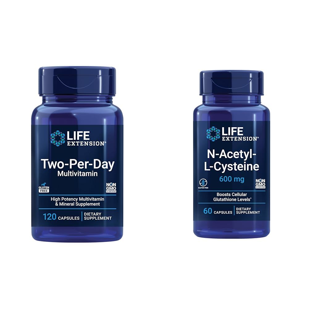 Life Extension Two-Per-Day Multivitamin, Vitamins B, C, D, zinc, 25 Vitamins, Minerals & extracts, 120 Capsules Bundle with N-Acetyl-L-Cysteine (NAC) 600 mg, 60 Capsules