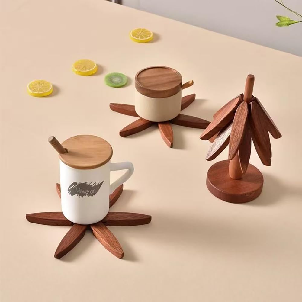 Lot de 4 Dessous de Plats en Bois pour Plats Chauds 4 Dessous de Plat en Bois + 1 Support rangé comme Un Sapin de Noël Supports Isolants en Boi Pliables pour Théière Poêle Bol