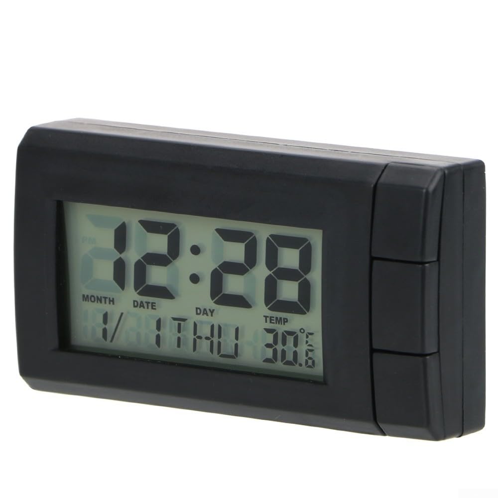 Yhenlovtt Reloj de pantalla digital LCD para coche con calendario y termómetro, soporte ABS para salpicadero, fecha y función para vehículos