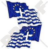 EUROPÄISCHE UNION-GRIECHENLAND Wehende Flagge Paar, EU-GR Hellas Europa-Griechische Hellenisch 120mm Auto & Motorrad Aufkleber, x2 Vinyl Stickers (Links - Rechts)