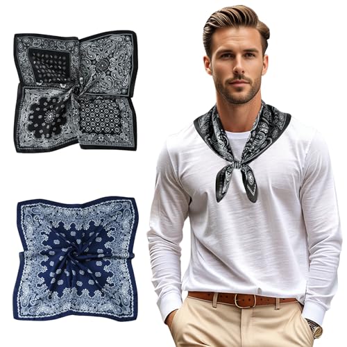 GERINLY Silk Neck Scarf Men 2 Pack Satin Bandana Paisley Print Elegant Ascot for Suit (BlackNavy)