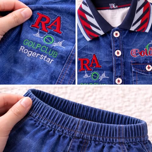 Image of Dreambells Baby Boy Dress 6-12 Months Combo Denim Romper Suit, Kids Clothes for Boys, Cotton Baby Dress with Golf Club Embroidery, Stylish Kids Wear for Boys 2 Piece Set