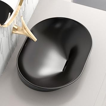 Kohler Vive capsule table top vitreous ceramic wash basin with hidden drain, Easy install drain cut only vessel sink for bathroom (550mm X 400mm, black, Glossy Finish)