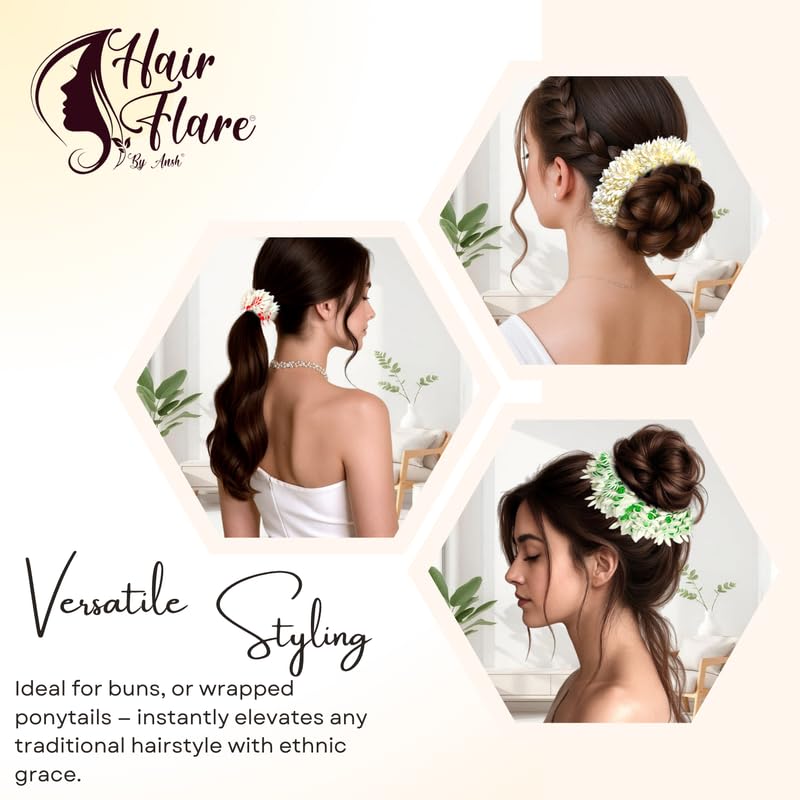 Image of Hair Flare Set of 7 Artificial Mogra Gajra Juda Bun Flowers for Hair | Reusable Floral Hair Accessory with Multicolor Thread for Bridal, Festive & Traditional | Women & Girls Juda Decoration