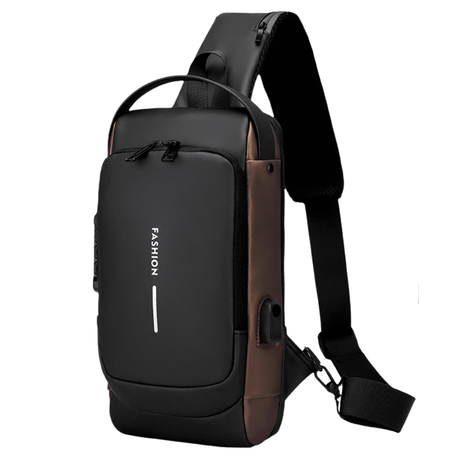 Carbon Fiber Streamline Anti-theft Sling Bag, USB Charging Sport Sling Waterproof Anti Theft Shoulder Bag (Black with brown)