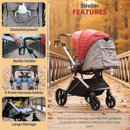 Image of Baybee Baby Stroller Pram for 0-3 Years | Reversible Seat, Canopy, 3-Position Recline, Large Wheels, Lightweight Aluminium Frame | Strollers for Boys & Girls (Red)