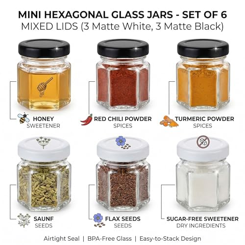 Image of Cute Hexagonal 50 grams Airtight Glass Jar Containers for Honey, Spices & other Kitchen Items with Rust Proof Black & White Color Caps -Set of 06