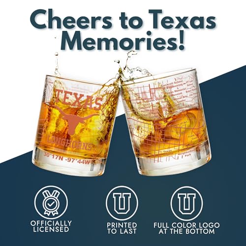 Image of Greenline Goods - University of Texas Longhorns College Whiskey Glasses (Set of 2), 10 oz - Full-Color Logo + Campus Map