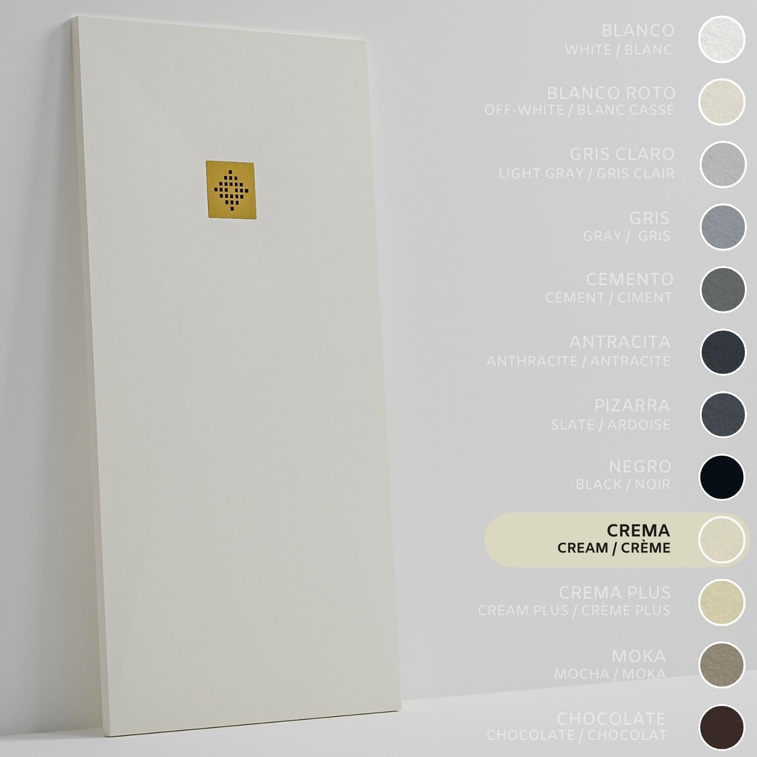 SOULHOME Brodzik prysznicowy– Żywica– Gel Coat– Gładka/Kamienna tekstura – Antypoślizgowy – Kolor kremowy – 140x90- Niski 3 cm– Z dodatkowym syfonem – Ruszt Złoty