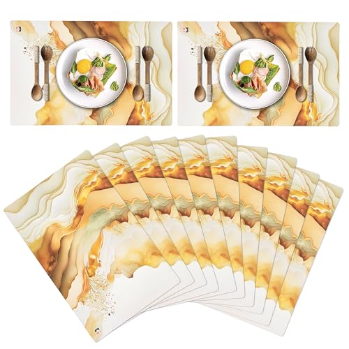 Image of Kuber Industries 12 Pcs Set Wipeable & Reusable PVC Placemats for Dining Table | Food Mats & Dining Table Accessories for Home, Bedroom & Kitchen | Marble Print - Cream & Gold
