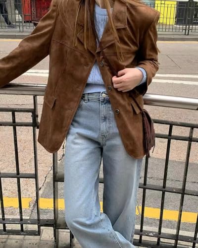 Suede Jacket Y2k Outerwear Brown Faux Leather Jacket Women Fall Fashion 2024 Trendy Old Money Oversized Blazers2