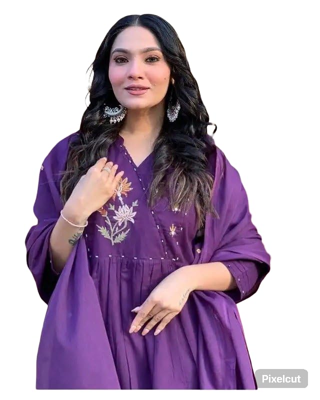 Embroidery kurti with pant and mechineg dupatta set (IN, Alpha, M, Regular, Purple)