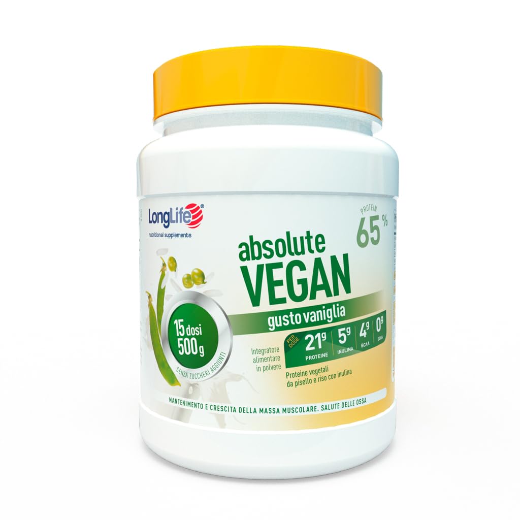 LongLife® Absolute Vegan | Proteine vegetali da pisello e riso 64% con Inulina | Crescita e mantenimento della massa muscolare | Benessere delle ossa | Vaniglia | 15 dosi | Vegano e senza glutine