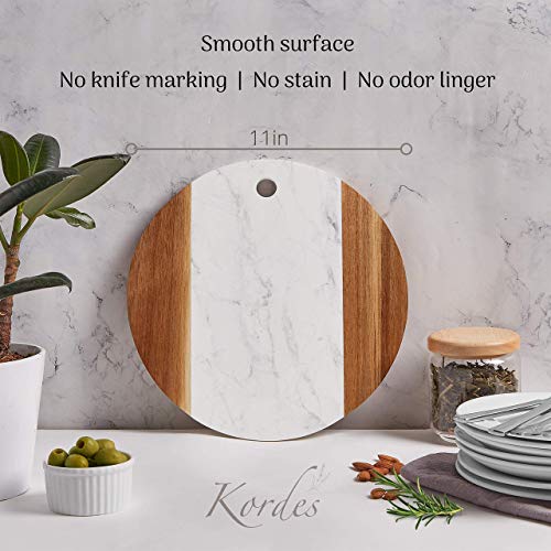 Marble Cheese Board With Acacia Accent 12" Round - Beautifully Handcrafted Charcuterie Board For Two - Round Cutting Board - Wonderful Housewarming Gift #TOP3
