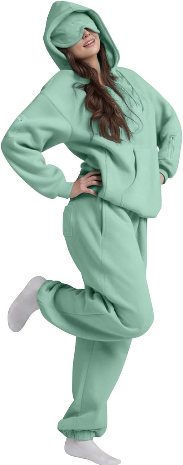 2 Piece Sets Airplane Mode Travel Hoodie For Men Women Oversized Sweatshirt Built-In Eye Mask Sweatpants Tracksuit Set