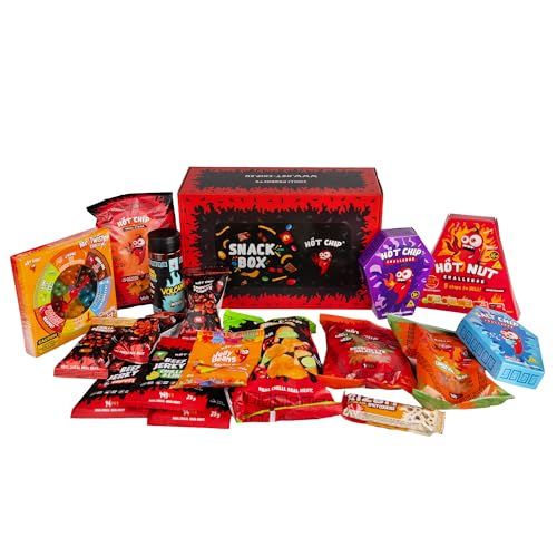 HOT CHIP Gift Set Snack Box – 16-teiliges Schärfe-Geschenkset mit Chips, Jerky, Nüssen & Süßigkeiten – Scharfe Snacks probieren & verschenken – Für Männer, Foodies & Mutige