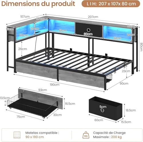 Canapé-lit 90x190 LED + prises USB, DICTAC