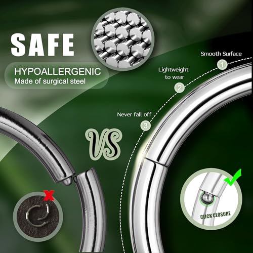 Jstyle 8Pcs 18G Stainless Steel Hinged Clicker Segment Nose Ring Hoop Piercing for Men Women Cartilage Daith Tragus Sleeper Earrings Improved Clasp 6-12MM3