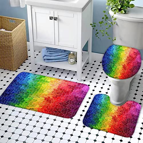 Badezimmer Badematte 3 Teilig Set Mosaik- rutschfest Badteppiche Saugfähig Memory Foam Badezimmermatte Weich WC-Deckelbezug U-Förmige Matte Maschinenwaschbar Badvorleger (gestreifter Regenbogen) – Bild 4