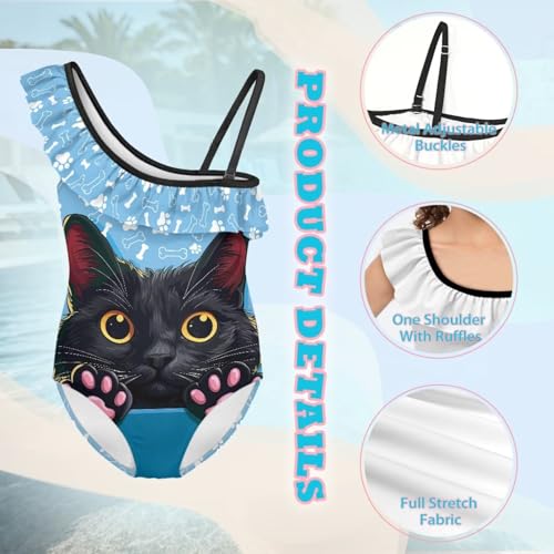 Forchrinse Girls One Piece Cat Swimsuits Summer Ruffle One Shoulder Adjustable Swimwear Beach Bathing Suit3