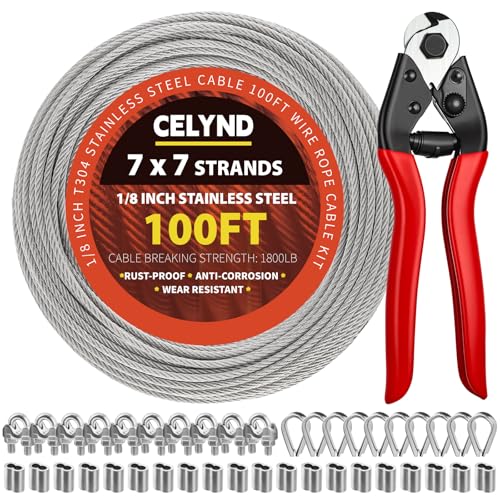 CELYND 1/8 Stainless Steel Cable Kit - 100ft 1/8 Wire Rope with Cutter - Heavy Duty 7x7 Strands for Outdoor String Light Hanging Deck Railing Clothesline Garden Fence DIY Projects